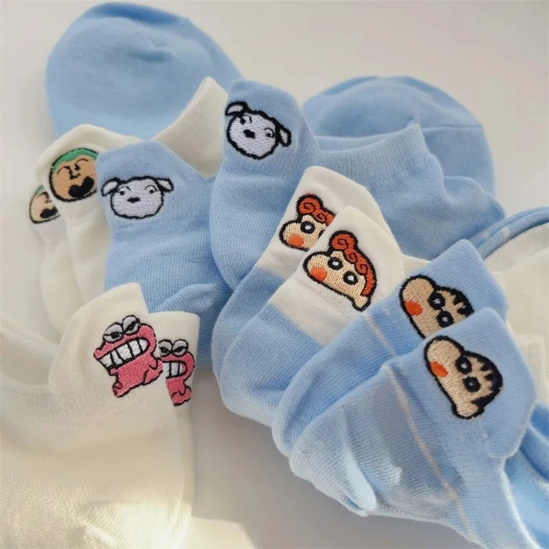 

5pcs Kawaii Crayon Shin-chan Socks Cartoon Spring and Summer Shallow Mouth Boat Socks Student Embroidery Cotton Socks Cute Gift