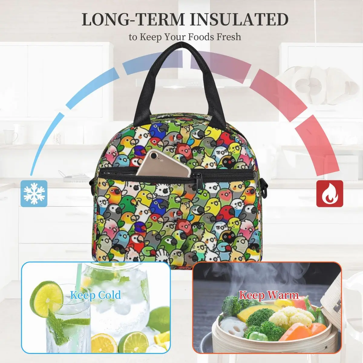 

Parrot Meme Lunch Bag with Handle Cute Birds Print Fancy Cooler Bag Cooling Office Food Thermal Bag