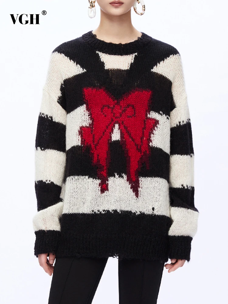 

Женский свитер в полоску с бантом, с круглым вырезом и длинным рукавом