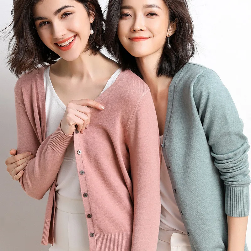 Cardigans Women 2022 Autumn Single Breasted V-neck Knitted Sweater Fashion Short Knitwear Solid Blue Green Pink Women's Jumpers