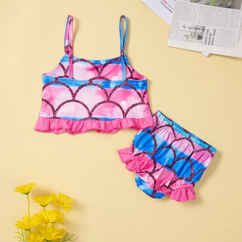 2022 Toddler Girls Two Piece Swimsuits Cute Mermaid Print Sleeveless Bikini Tops + Bottom Set Summer Swimwear for 1-6 Years