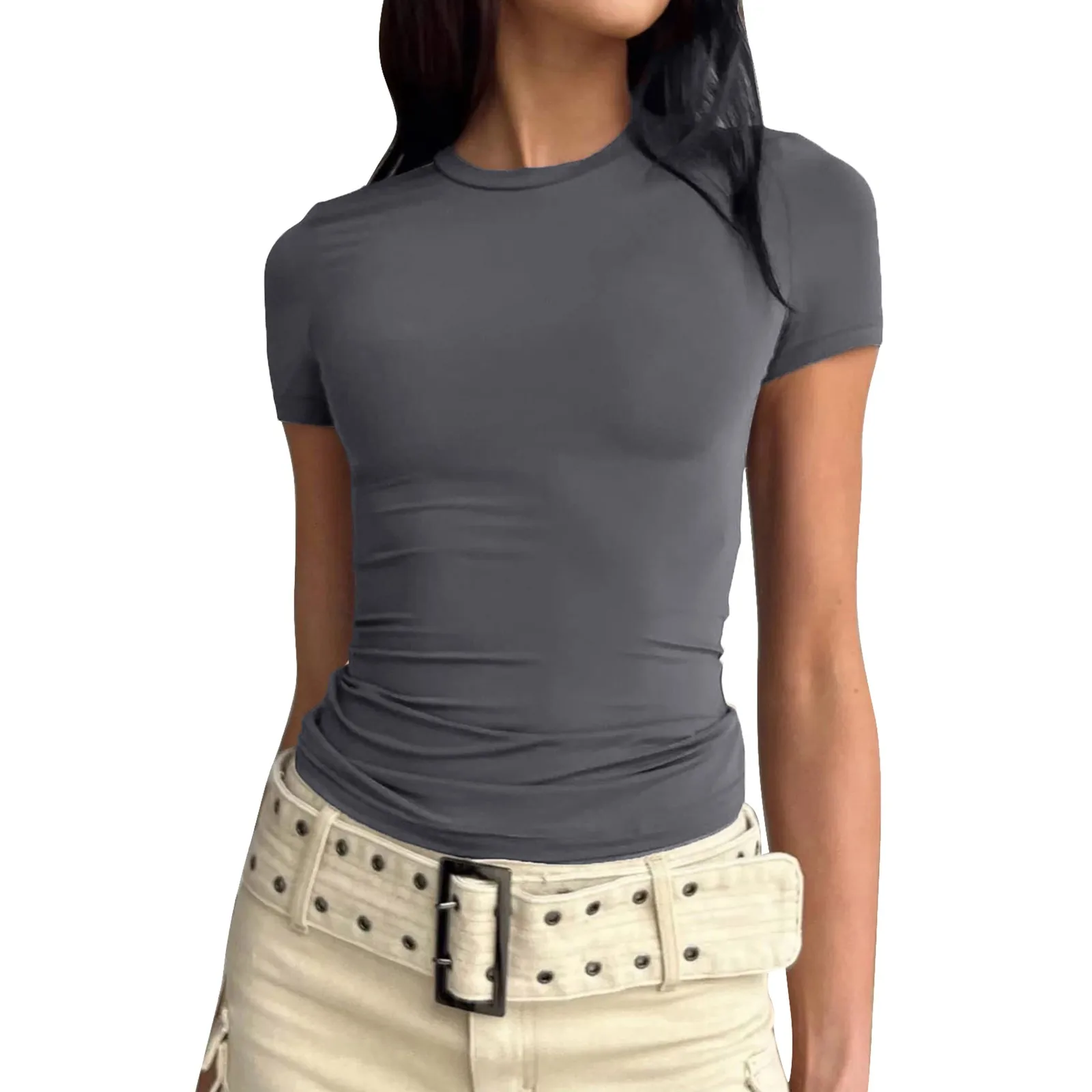 

Women's Soild Trendy Slim Short Sleeve Basic Sexy Slim Bottom T Shirt Top Womens Shirts Summer Short Sleeve T Shirts for Women