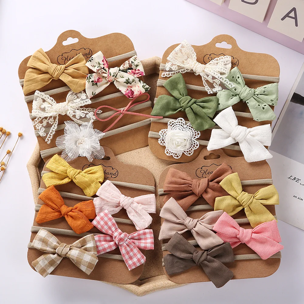 5Pcs/Set Baby Bows Headband Lace Flower Print Nylon Cotton Kids Hair Bands Children Girls Newborn Toddler Hair Accessories