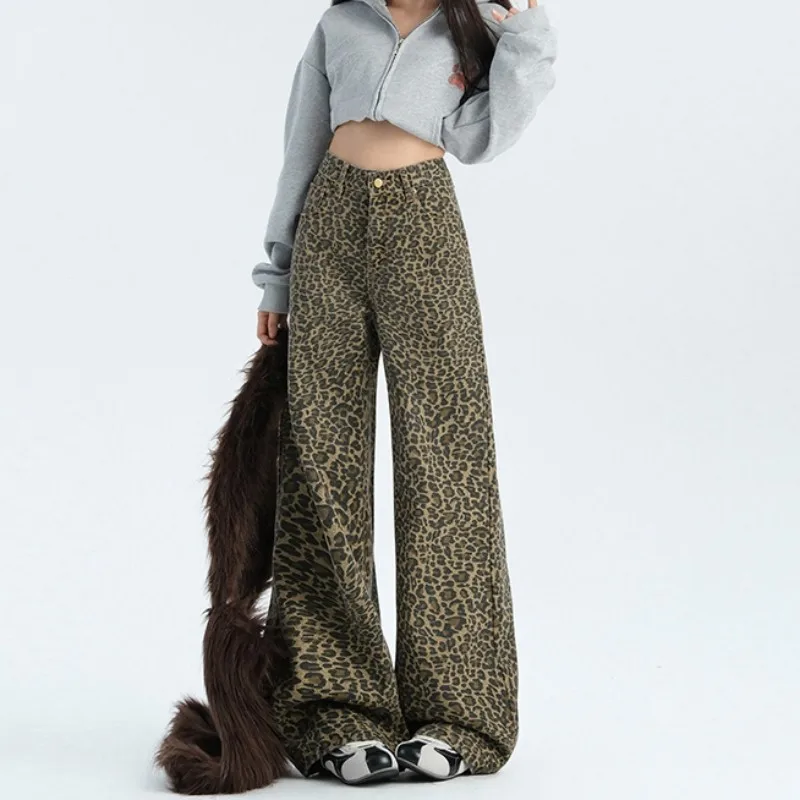 FINEWORDS винтажные повседневные джинсы с высокой талией и леопардовым принтом