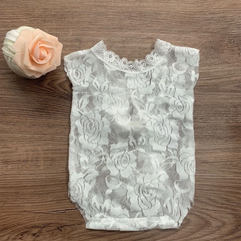 

Newborn Photography Props Baby Hollow out Bowknot Lace Romper Flower Headband