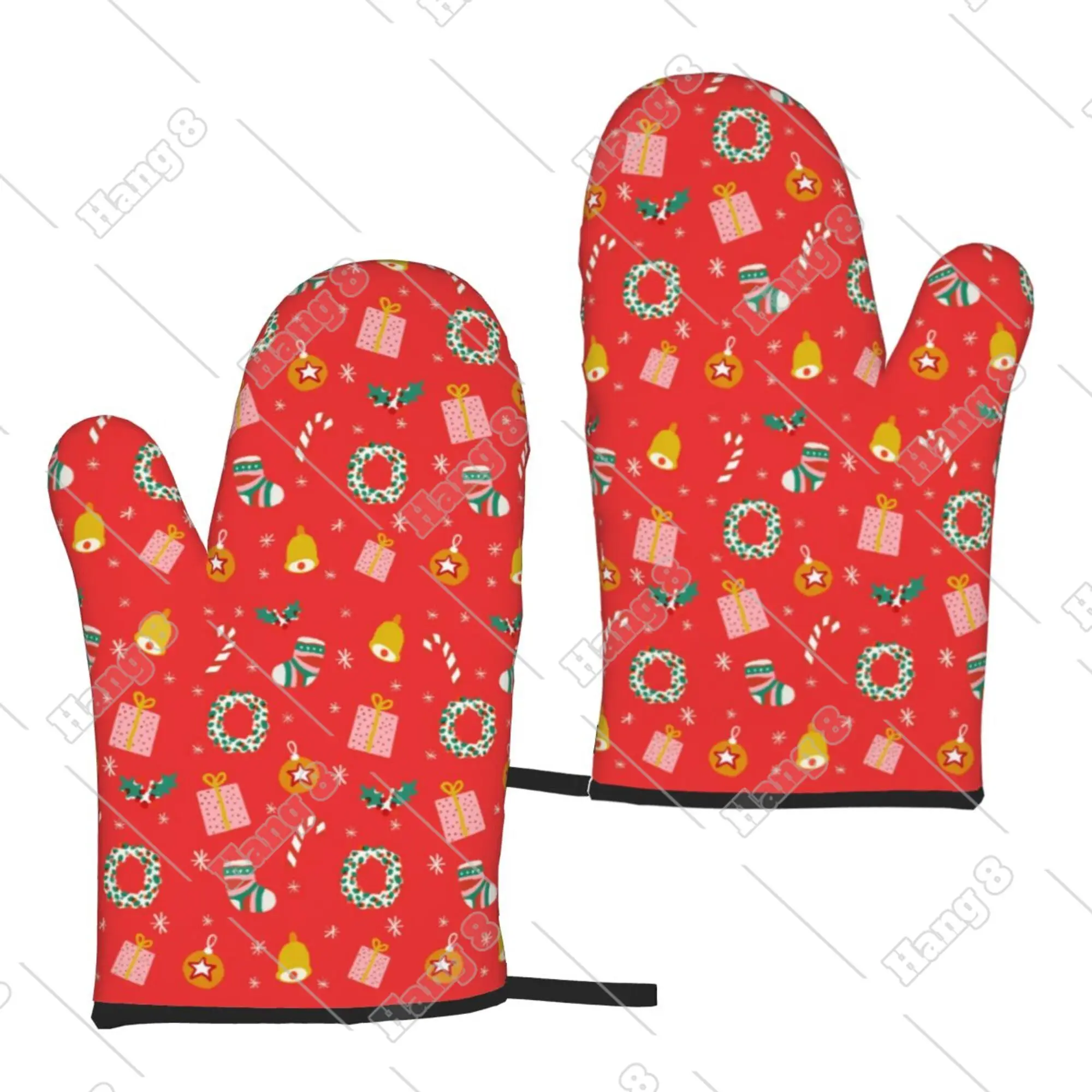 

Red Christmas Garland Oven Mitts Tree Candy Cane Oven Gloves Heat Resistant for Barbecue Microwave Ovens Women Men 2pc One Size