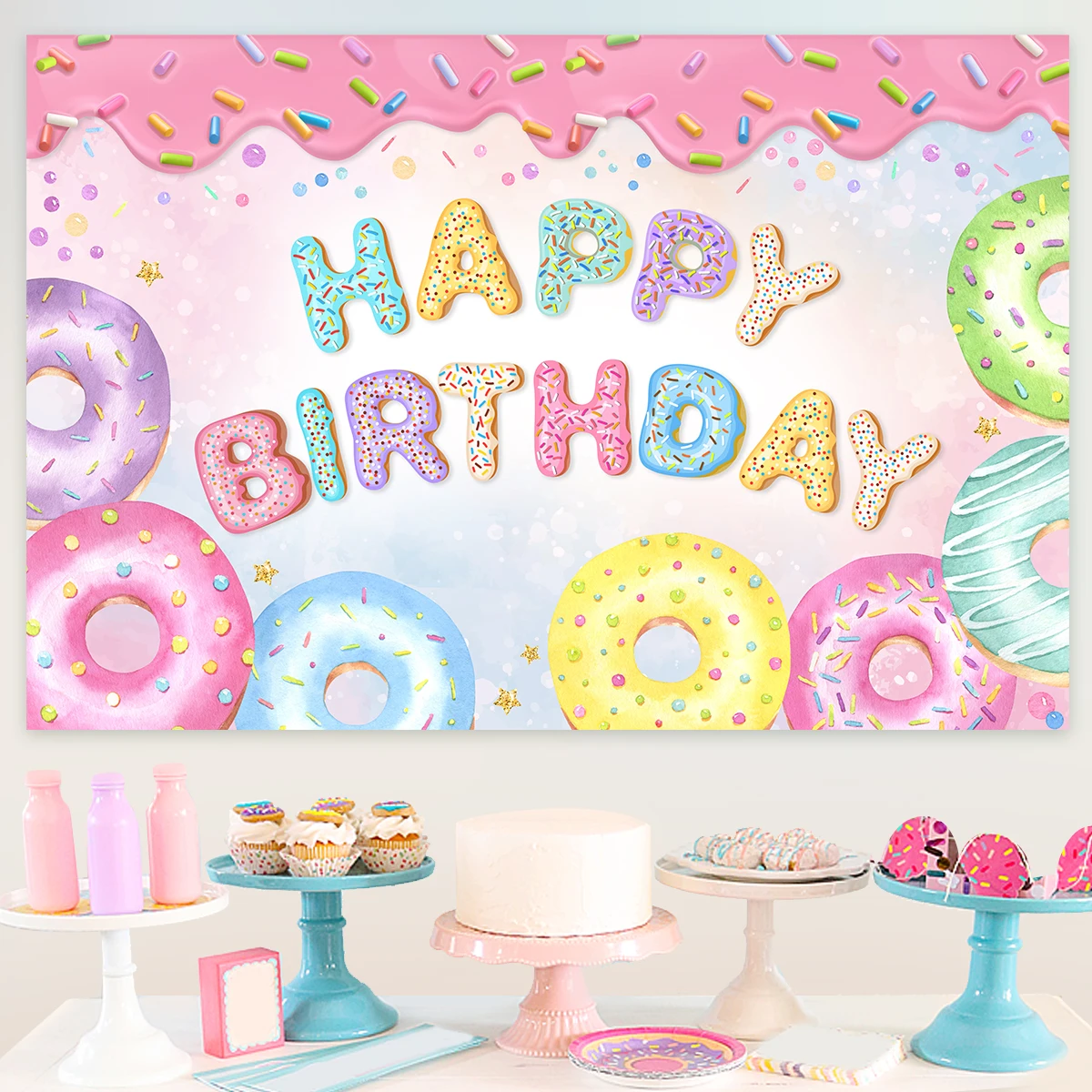 

Donut Theme Party Backdrops Happy Birthday Party Decor Photo Booth Background Baby Shower Girl Hanging Flag Backdrop Props