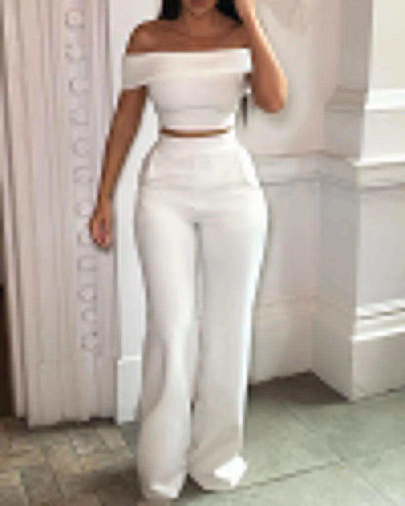 2022 New Style Women Fashion Off Shoulder Short Sleeve Crop Top & High Waist Pants Set Flare Pants Set Sexy Outftis