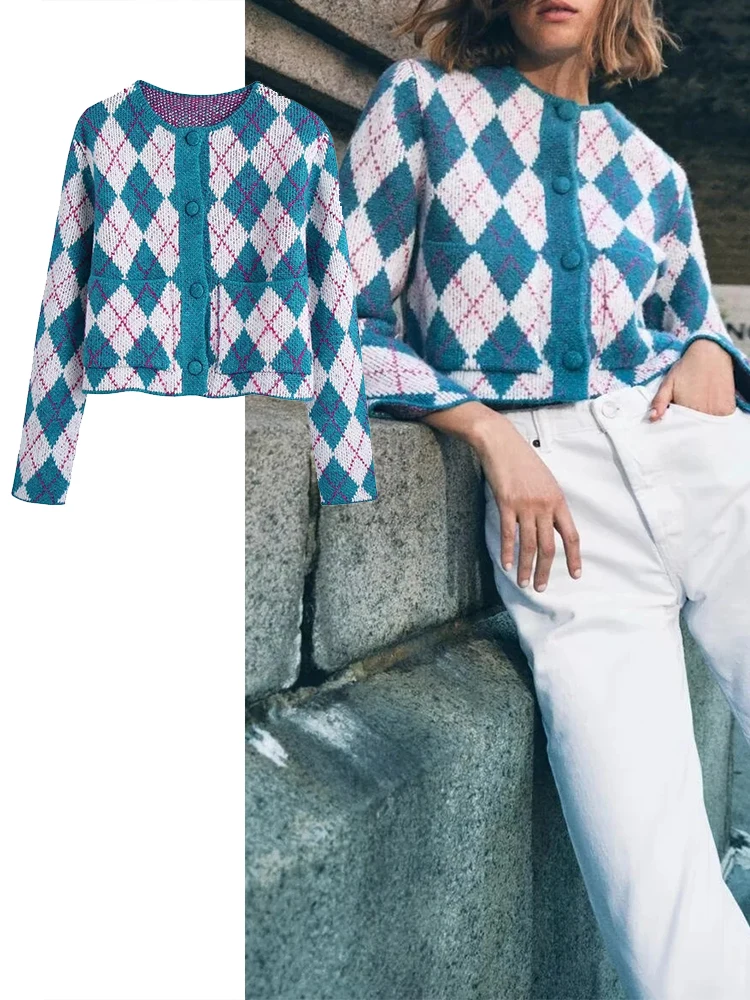 

TRAF Women Cardigan Coats Fashion Rhombic Jacquard Knitted Cardigan Sweater Vintage Long Sleeve Female Warm Tops