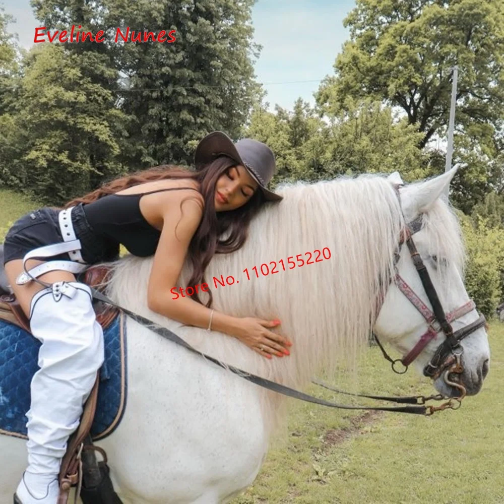 Winter White Fashion Boots 2022 Women's Leather Mixed Colors Buckle Pointed Toe Chunky Heel Sexy Plus Size Catwalk Shoes