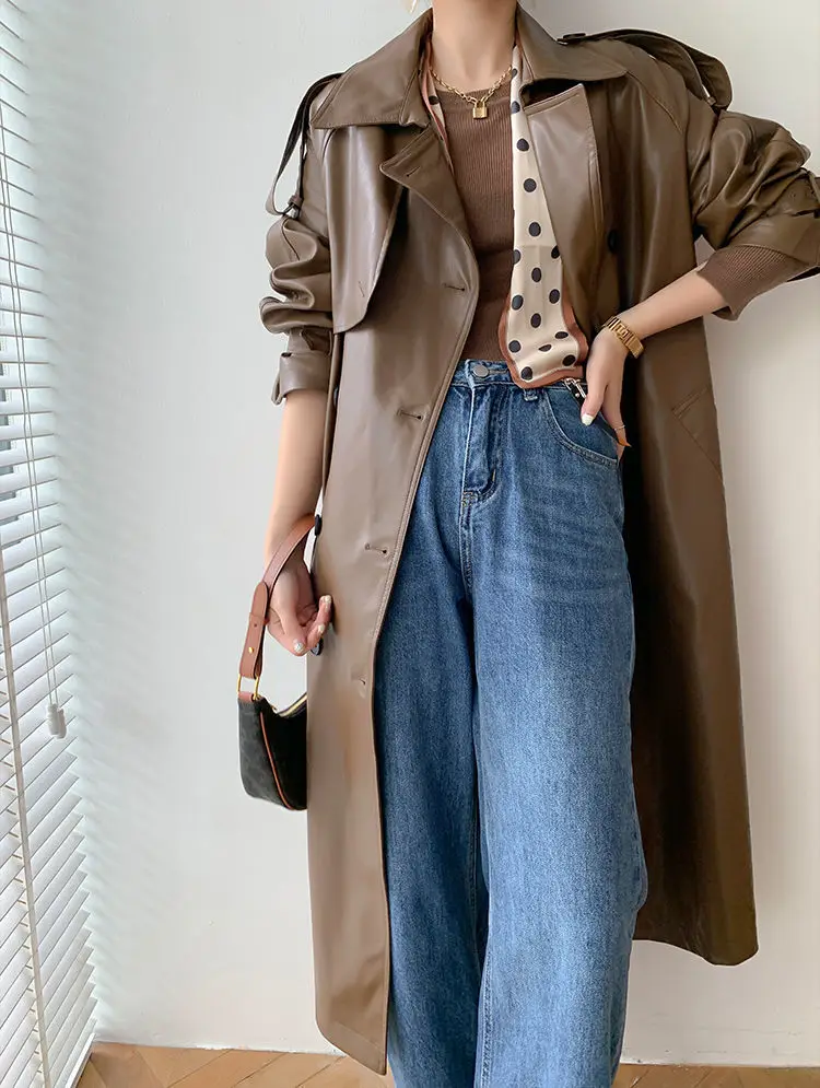 Autumn Winter British Retro Motorcycle Leather Coat Women's Medium Long Waist PU Large X Long Belt Leather Trench Coat for Women