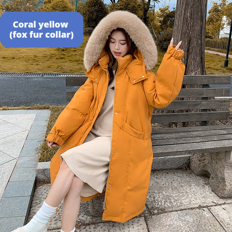 2022 Down Jacket Women Hooded Thickened 90% White Duck Down Fox Fur Collar Long Coral Yellow Large Coats Color Warm Soft Jackets