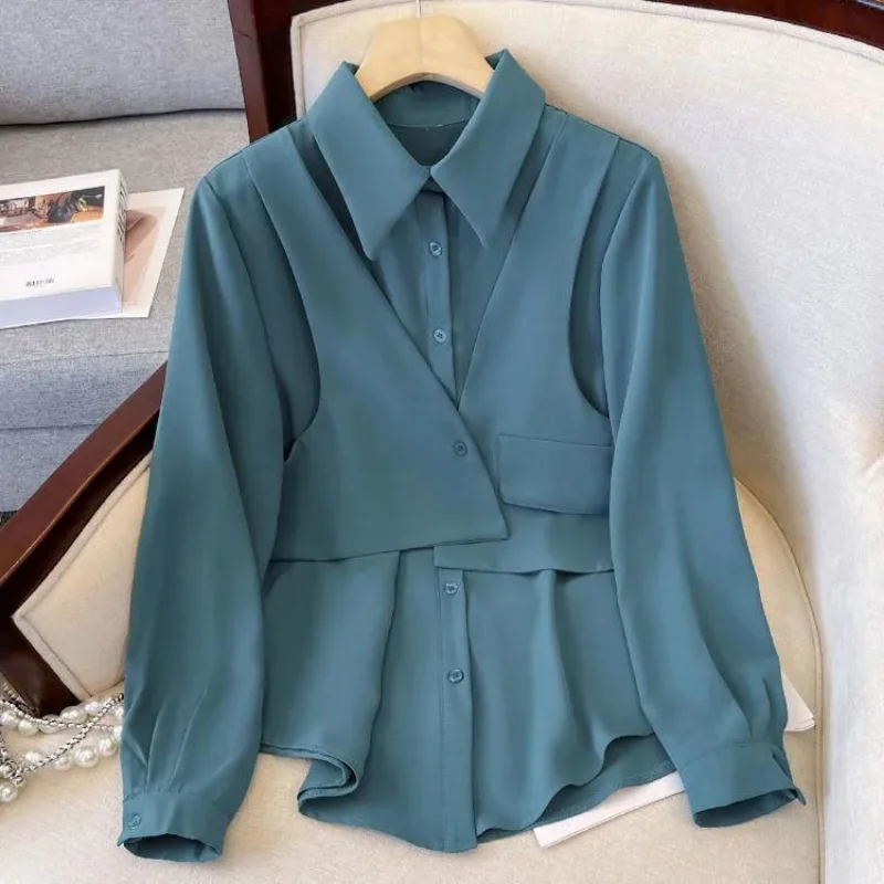

DUOFAN Fake Two Pieces Shirts Women Spliced Simple All-match Creativity Elegant Blouse Design Pure Ulzzang Loose Office Lady Top