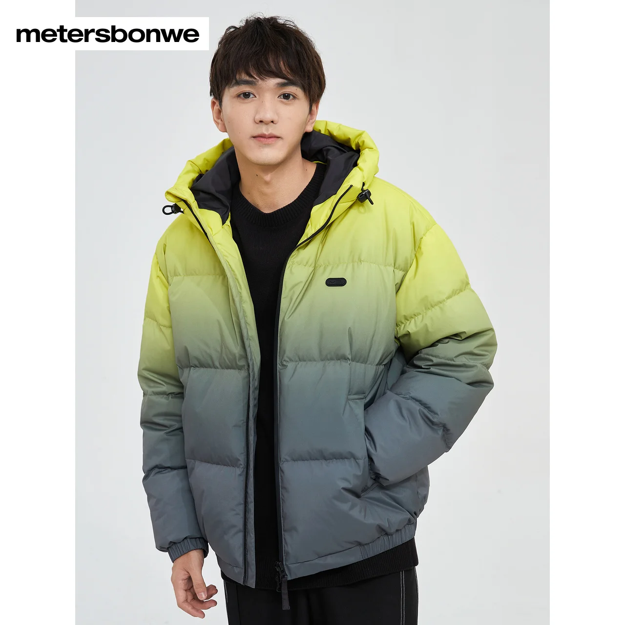 Metersbonwe Men's 22New Winter Gradient Color Stand Collar Hooded Down Jacket Full Print 80%Duck Down LooseThick Warm Wear