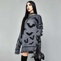 vintage o neck extended sweaters 2021 women goth black grey streetwear dark aesthetic clothes new woman gothic bat knit sweaters