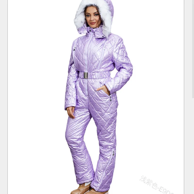 Women Onesie Skiing Jackets Parka One Piece Ski Suit Winter Outerwear Fur Collar Trim Hooded Snowsuit Long Sleeve Ski Jumpsuit
