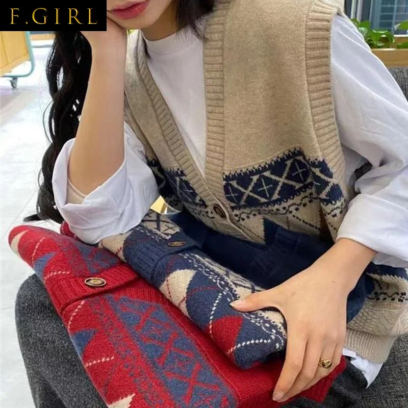 

Sweater Vest Women Harajuku Print Autumn 3 Colors Students All-match Retro Single Breasted Leisure Femme Clothing Knitted New