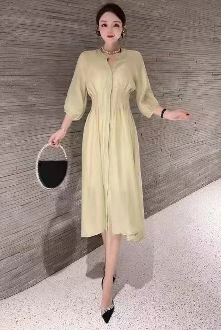 

High Quality Brand New Summer Dress 2022 Fashionable Women V-Neck 3/4 Sleeve Mid-Calf Casual Grey Green Long Shirt Dress Vestido