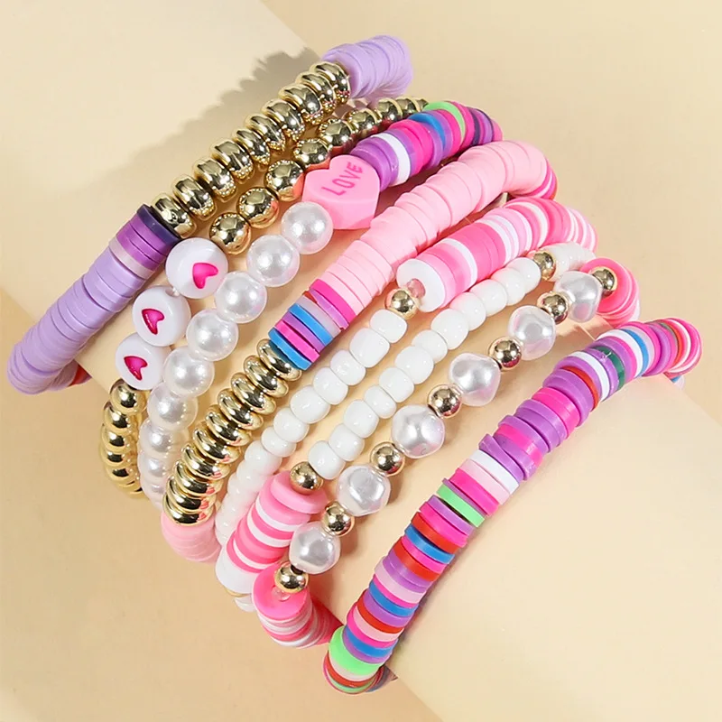 

8PCS Colorful Pearl Bracelets Love Beaded Soft Clay Bracelets Stackable Bracelet Set for Women Jewelry