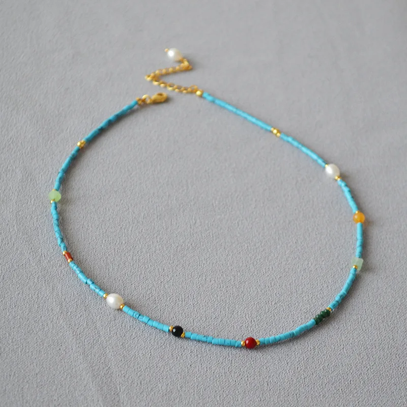 

2023 New Handmade Natural Turquoise Beads Necklace Simple Chocker Necklace For Male Gift Short Necklace Fine Jewelry
