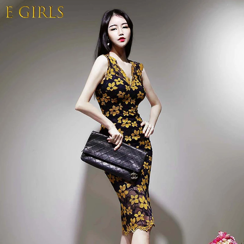 

E GIRLS fashion summer sleeveless v-neck dress new arrival temperament sexy formal dress elegant slim cute lace print pencil