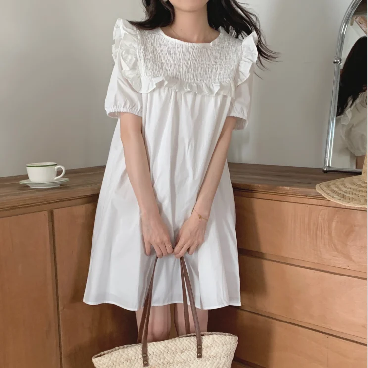 

2022 Korean Style Women Summer Ruffled Knee-length Dress Casual Elegant Women Short Sleeve Loose Vestidos Women Clothes