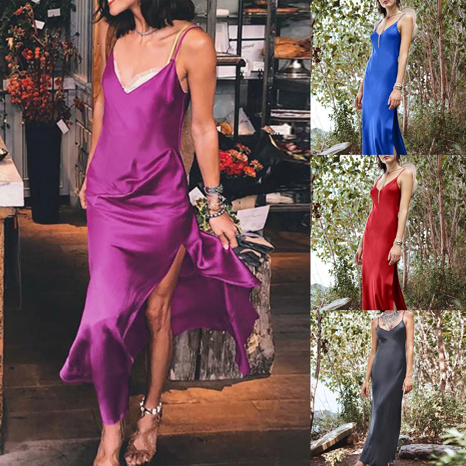 

Платье для встречи выпускников, кружевное женское атласное шелковое платье с разрезом, длинное платье на бретельках с открытой спиной и рук...