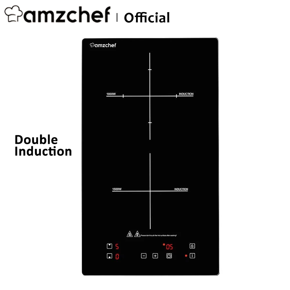 

Amzchef, двойная индукционная плита, Ранняя электрическая плита, стеклянная панель, сенсорное управление, безопасный замок, 10 уровней мощности, настройка таймера