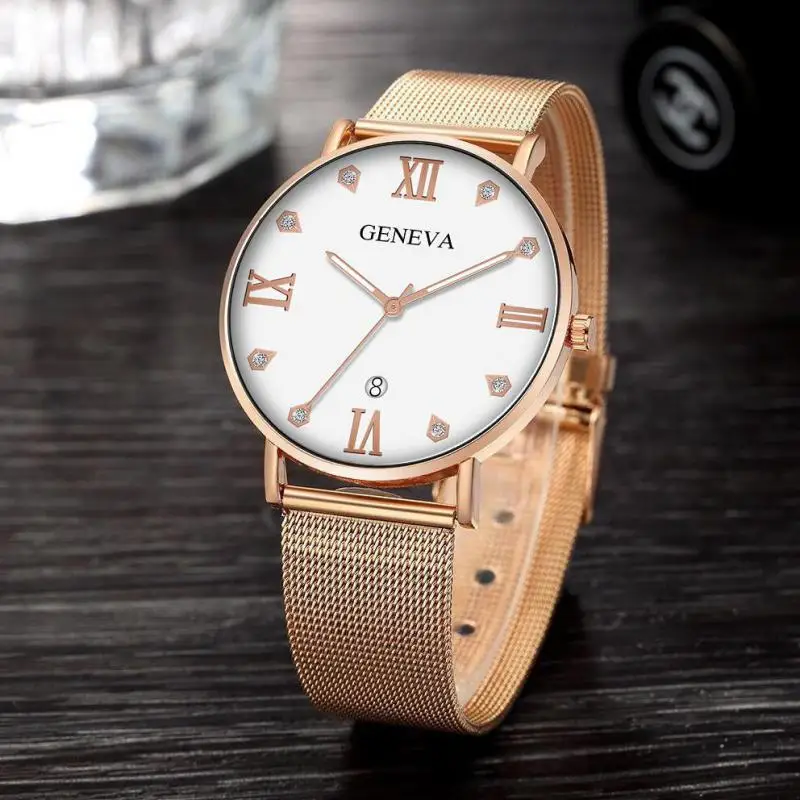 Geneva Brand Men's Watch Fashion Ultra-thin Diamond Scale Mesh Belt Creative Color Pointer Alloy Business Calendar Quartz | Наручные