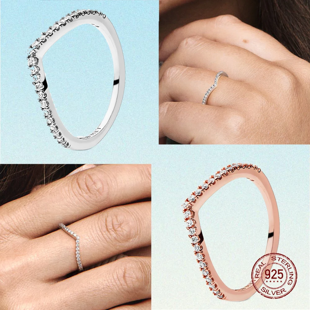 

2021 Hot Sale Trendy Ring 925 Silver Sparkling Wishbone Ring Sliver & Rose Gold Color Rings For Women Jewellery Gift