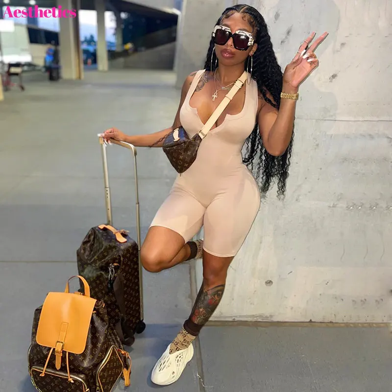 Women Fitness Yoga Skinny Playsuits Deep V Neck Back Zipper Bodysuits Streetwear 2023 Summer Biker Sports Jogging Romper