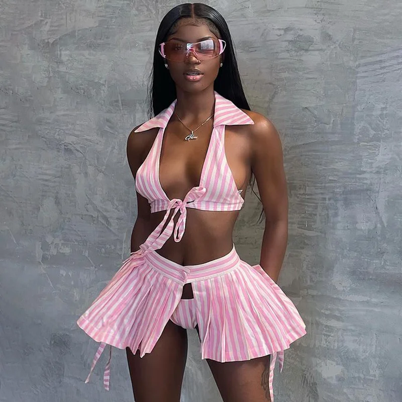 

EvaQueen Triped Print Deep v Bandage Polo Collar Sleeveless Exposed Navel Top High Waist A-line Miniskirt with Briefs Set