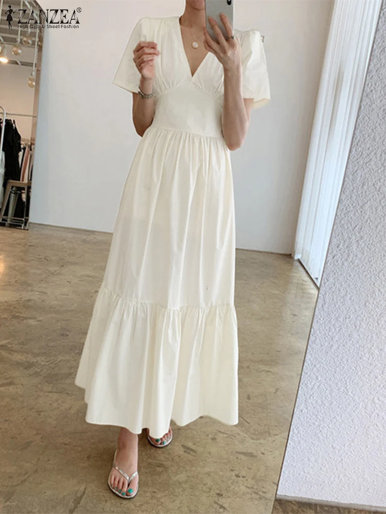 

Women Elegant Solid Maxi Dress 2022 Summer V Neck Robe Femme ZANZEA Casual Short Sleeve Vestidos Party Sexy Backless Bow Dresses
