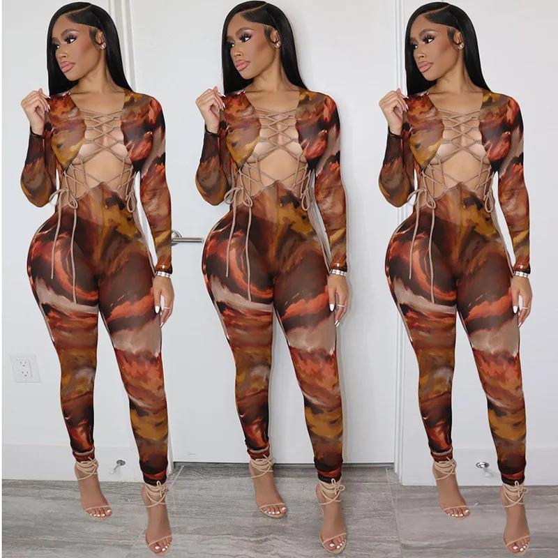 Printed Jumpsuit Hollow Out Bandage Long Sleeve Jumpsuits for Women 2022 Night Club Party Rompers Tight Sexy pants Jumpsuit