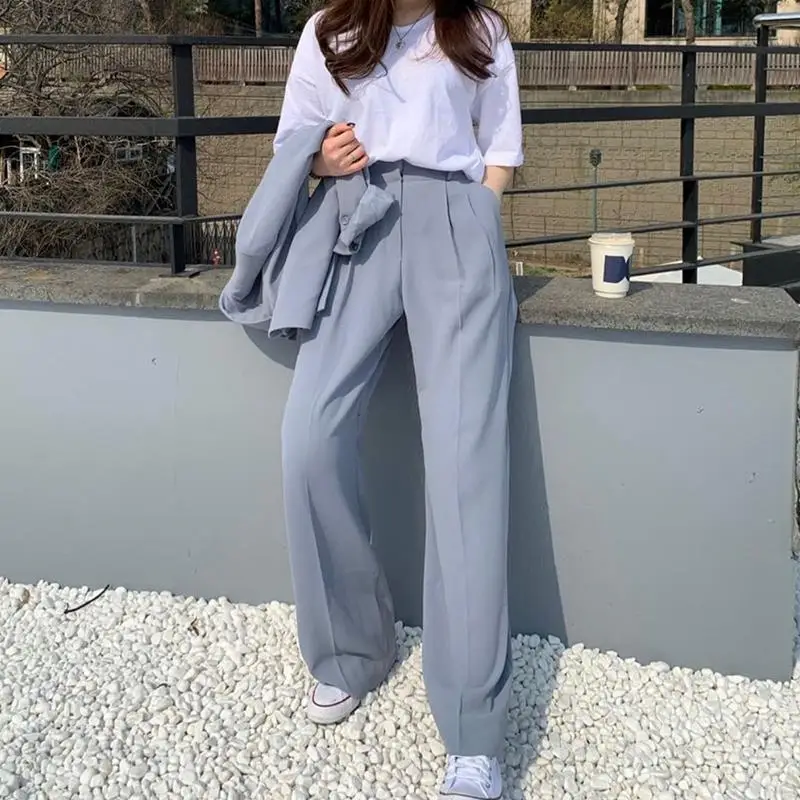 Spring Fall Women Blue Two-Piece Set Blazers+Straight High Waist Mopping Trousers Office Ladies Korean Chic Fashion Pant Suits