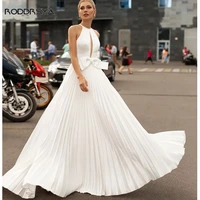 roddrsya simple satin sleeveless bridal dress backless with bow wedding gowns pleated sweep train vestido de novia customize