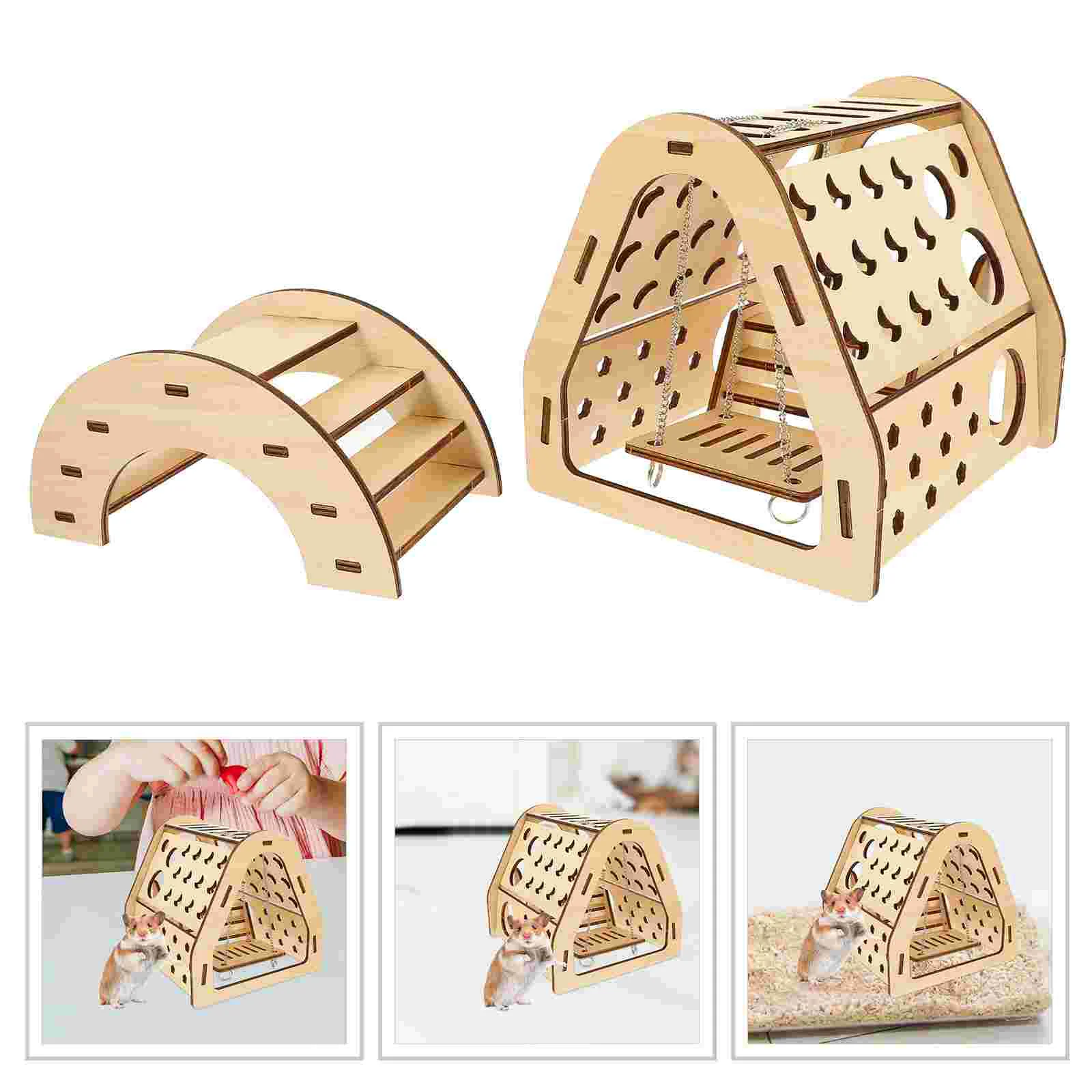 

Wooden Rat House Home Hideout Cage Toy Accessories Bridge DIY Hamster Slide Hut
