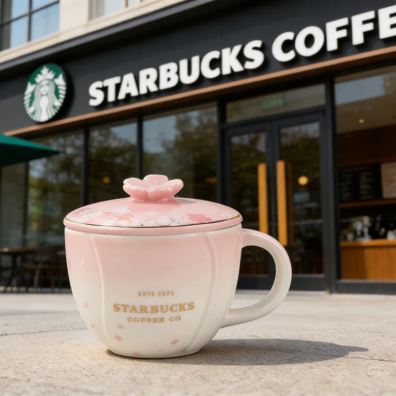 Фото Керамическая кружка Starbucks с дизайном цветущей сакуры, элегантный узор вишневого цвета, красивая кофейная чашка для дома, офиса и в качестве подарка. №4