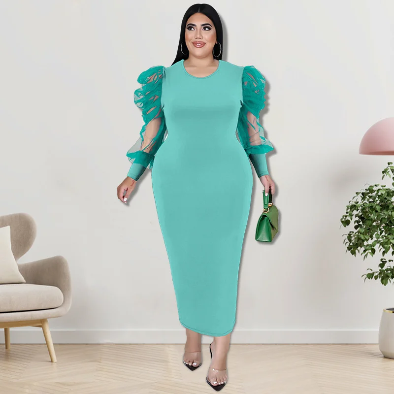 2022 Plus Size New Solid Color Tight Long Dress Party Style Round Neck Mesh Panel Bubble Sleeve Elegant Women's Tight Dress
