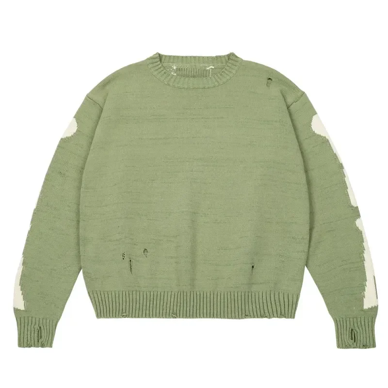 

Sweater Green Loose Skeleton Bone Printing Woman High Quality High Street Damage Hole Vintage 1:1 Knitted Sweater