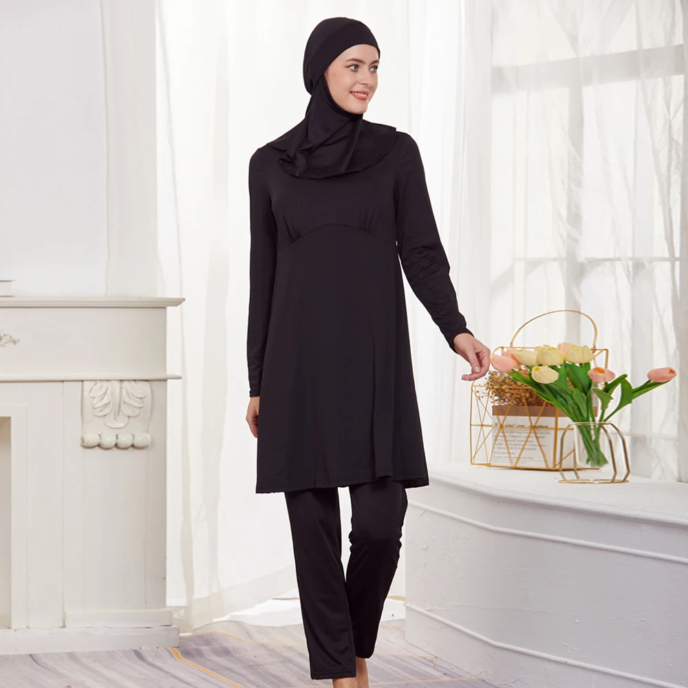 3PCS Muslim Swimwear For Women Long Sleeve Swimsuit Muslimah Swimming Burkini Turban Pants Maillots De Bains Musulmans Femme