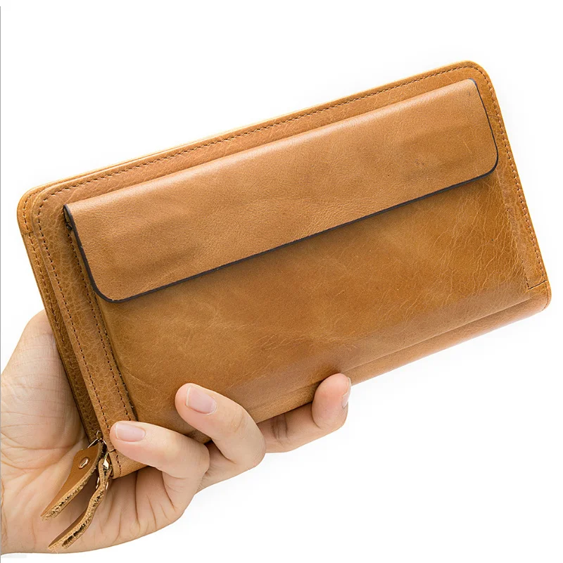 

MAHUE Genuine Leather Clutch Wallet Men Male Business Style Clutches With Wristlet Real Cow Leather Male Hand Purse Big Capacity