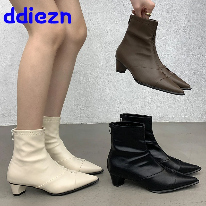 

Chunky Heels Shoes Fashion Elastic Ankle Boots For Women Footwear Female Casual Stretch Ladies Boots Pointed Toe Shoes