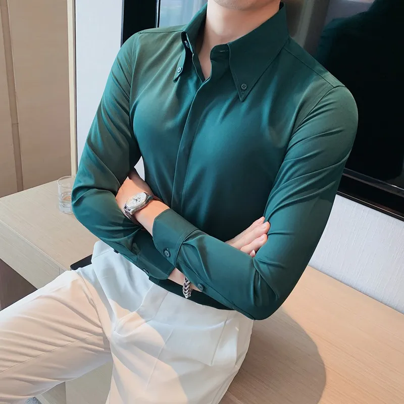 

2022 Solid Color Business Dress Shirts Men Long Sleeve Slim Fit Casual Shirt Fashion Social Party Tuxedo Camisas Para Hombre