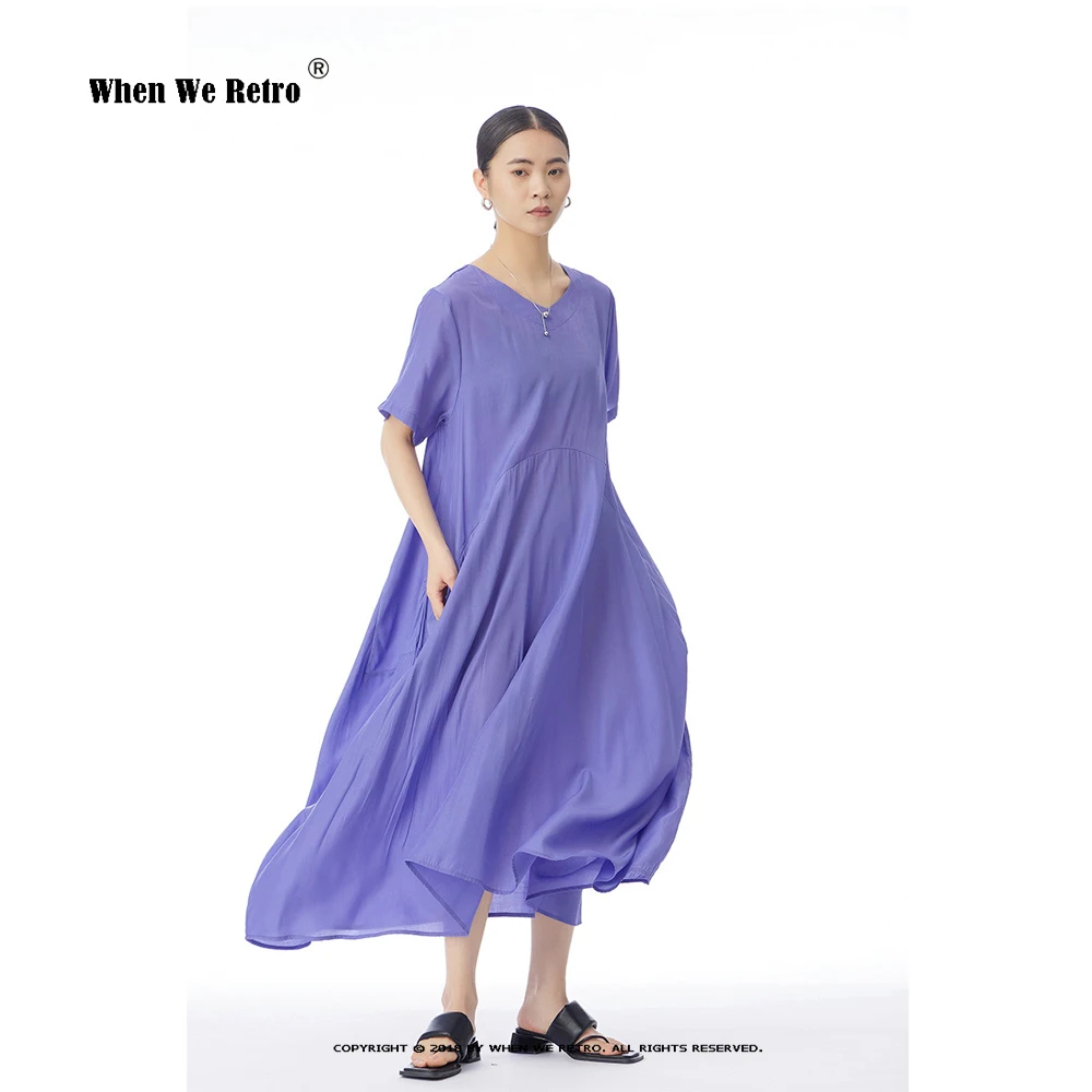 Candy Color Long Dress For Women Short Sleeve O-nech Loose Robe Solid Purple Black Elegant Summer Holiday Casual Dresses VP0116