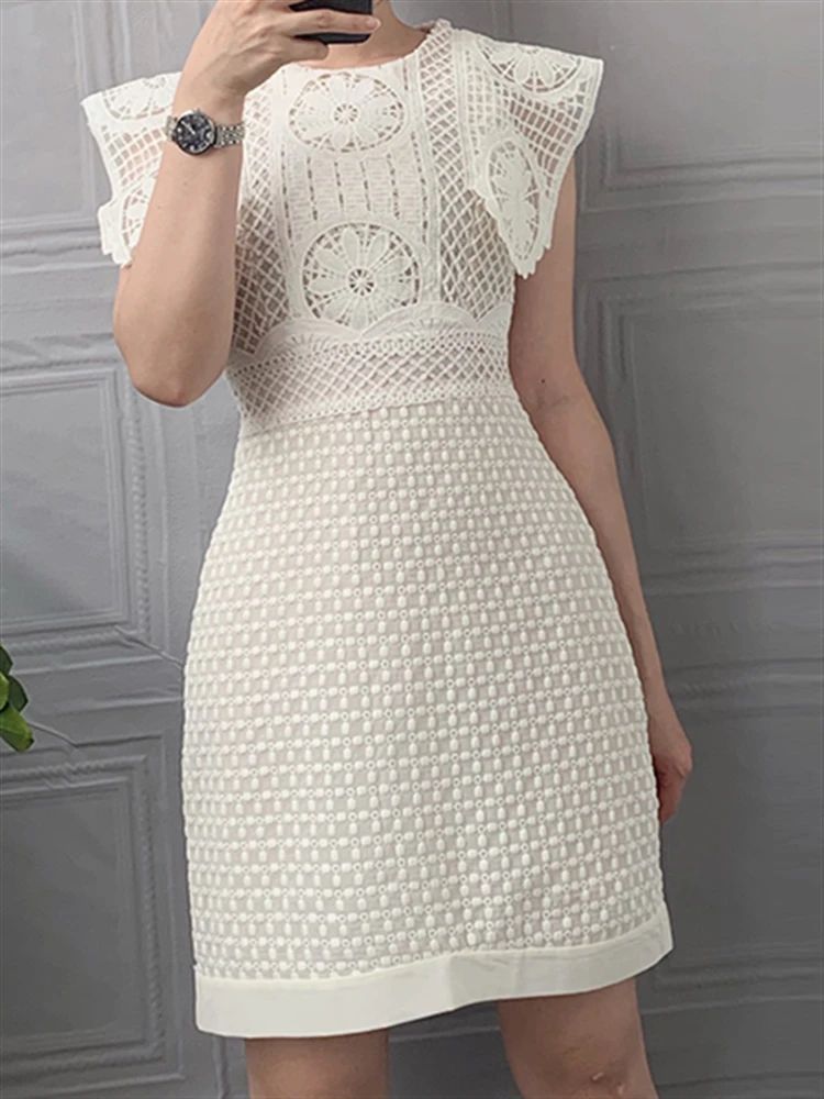 Lace Embroidery Party Vintage Boho 2022 Summer Runway Backless Sleeveless Sexy Solid White Dress Beach Sundress Women Dresses