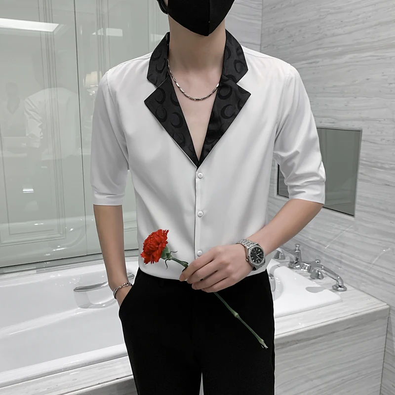 Корейская модная мужская рубашка с большим отворотом приталенная деловая