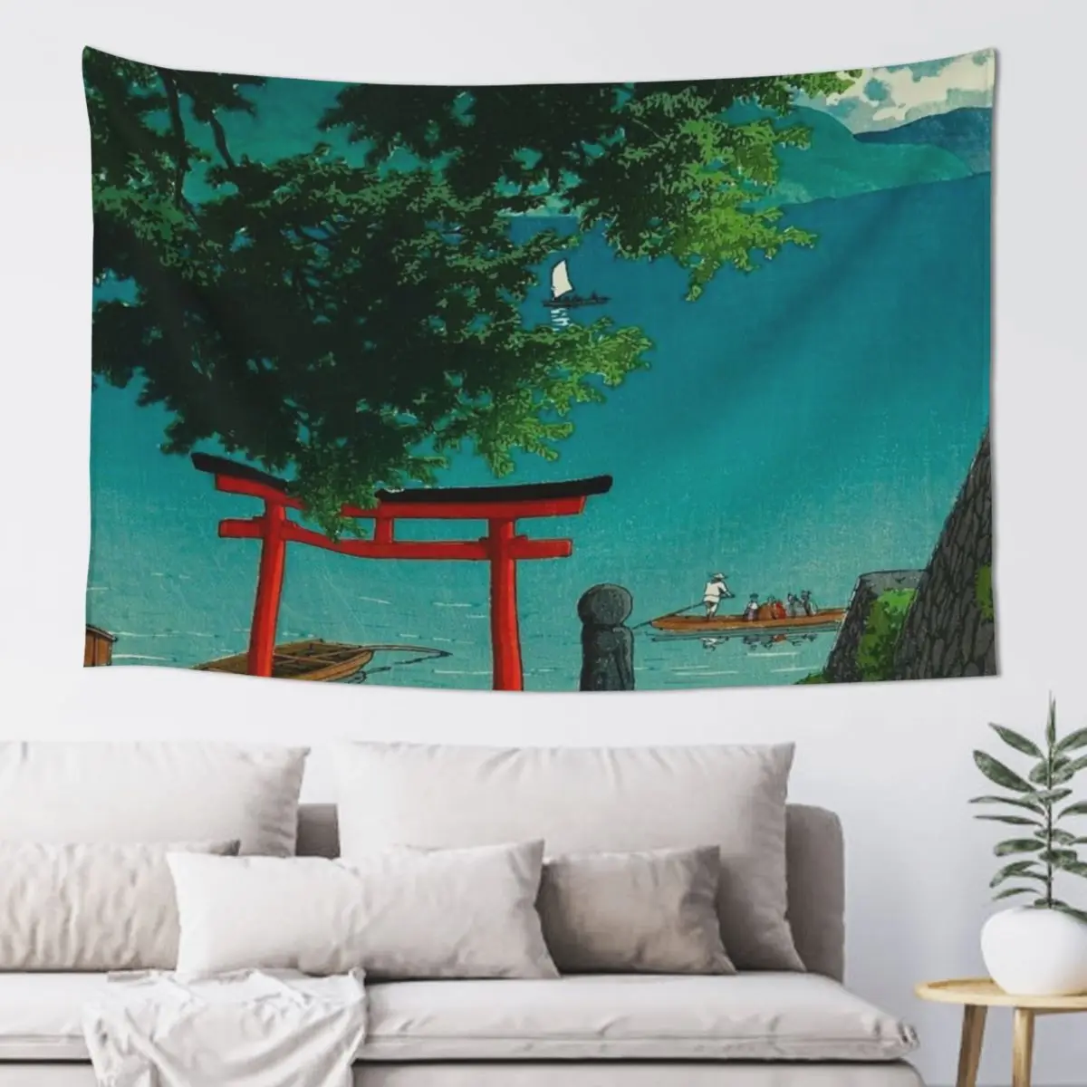 Храм Чуденц на пляже Utagahama японский деревянный блок принт винтажное