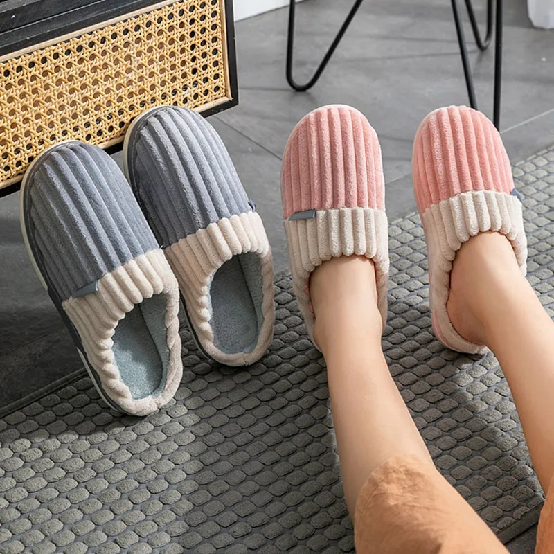 

Winter Warm Slippers Women Men Stripes Suede Thick Soled Cotton Shoes Home Indoor Couple Boys Girls Non-slip Faux Fur Slides Y