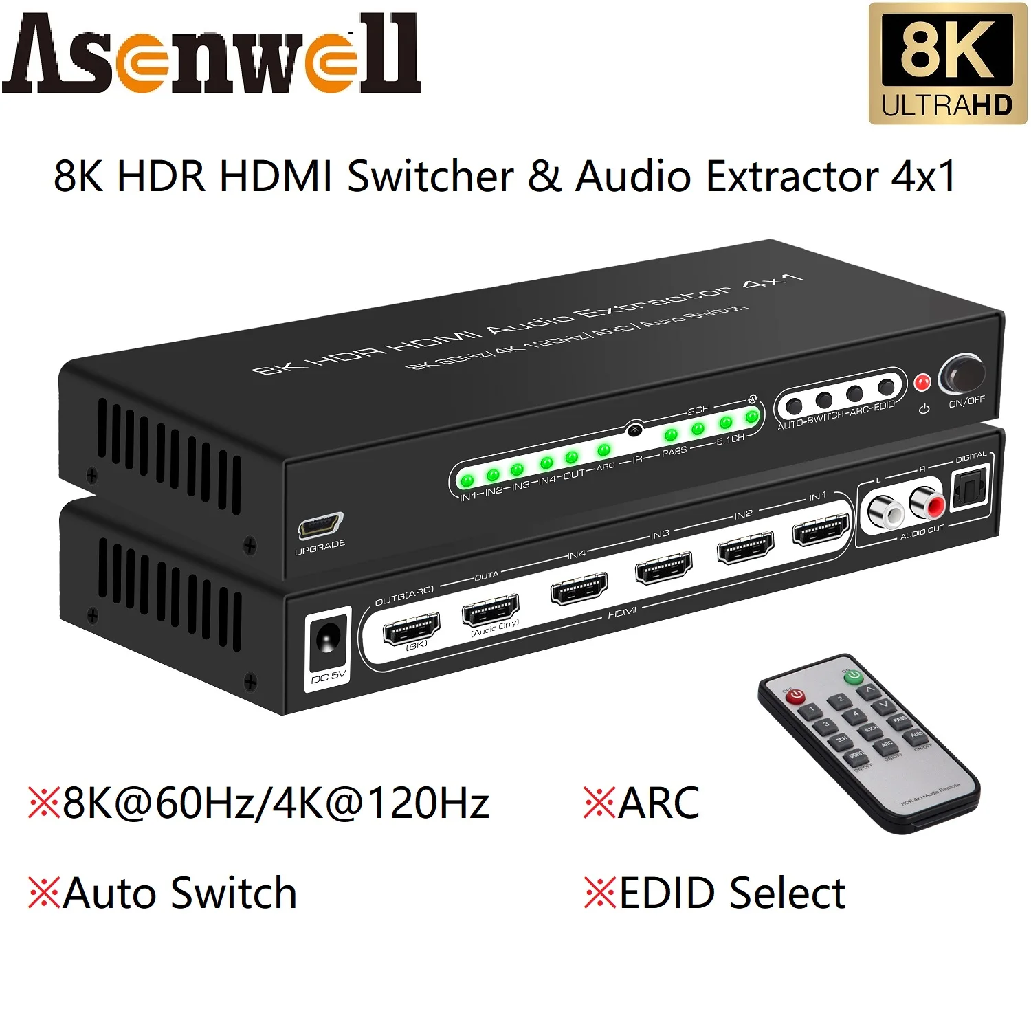 HDMI Switcher 4 IN 1 8K V2.1 Audio Extractor Dolby Atmos Soundbar 7.1 4K120Hz HDR SPDIF Remote Switch for PS5 XBOX 2.0 Ampliferf